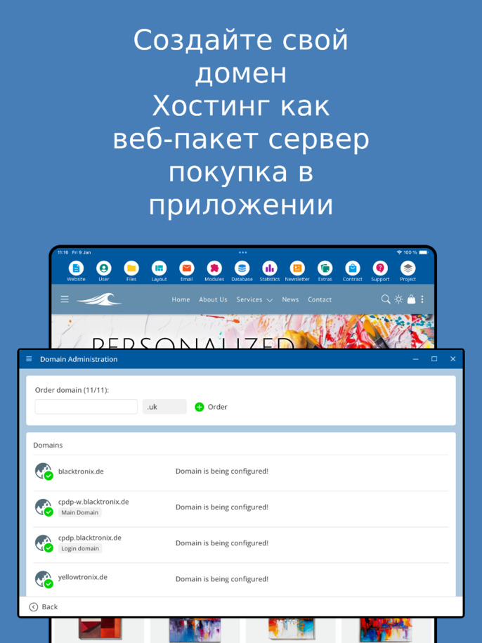 Управление доменом в приложении – скриншот с планшета