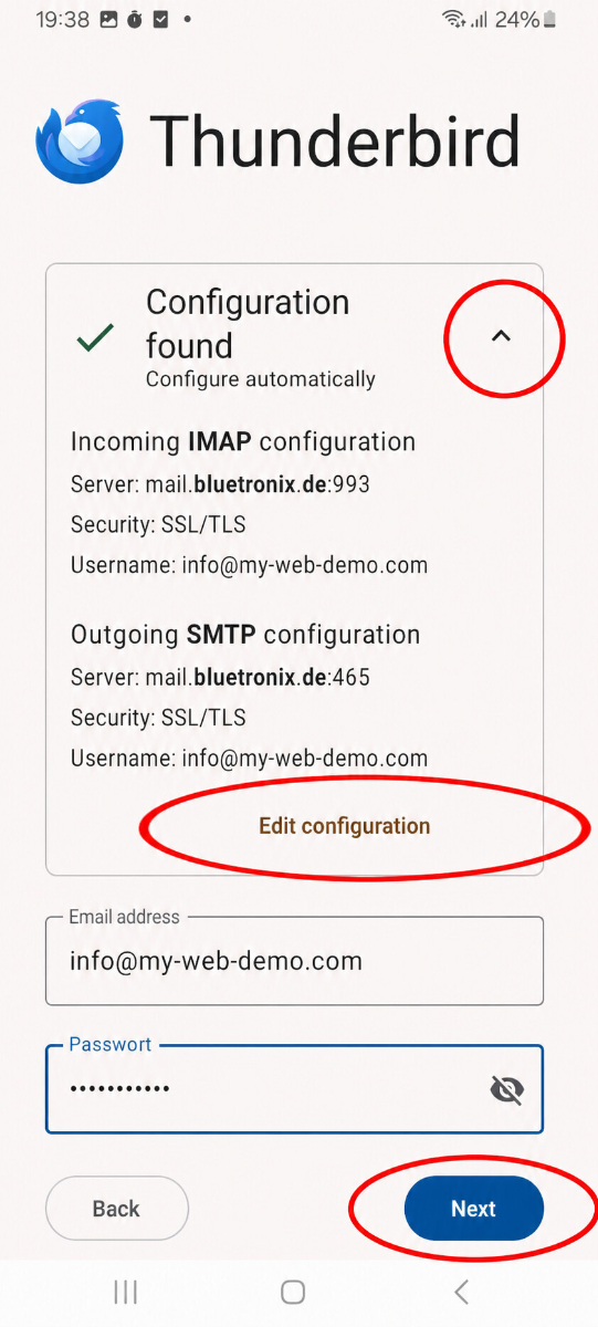 Automatisch gefundene Konfiguration in Thunderbird mit der Option Konfiguration bearbeiten